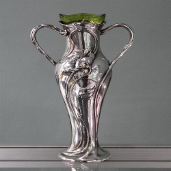 Hans Peter for Royal Zinn pewter secessionist vase with crystal glass liner. Stamped marks. Circa 1905