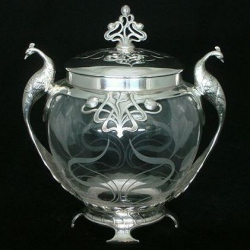 Antique WMF pewter decanter with green and clear etched glass liner. Stamped marks (c.1900)
